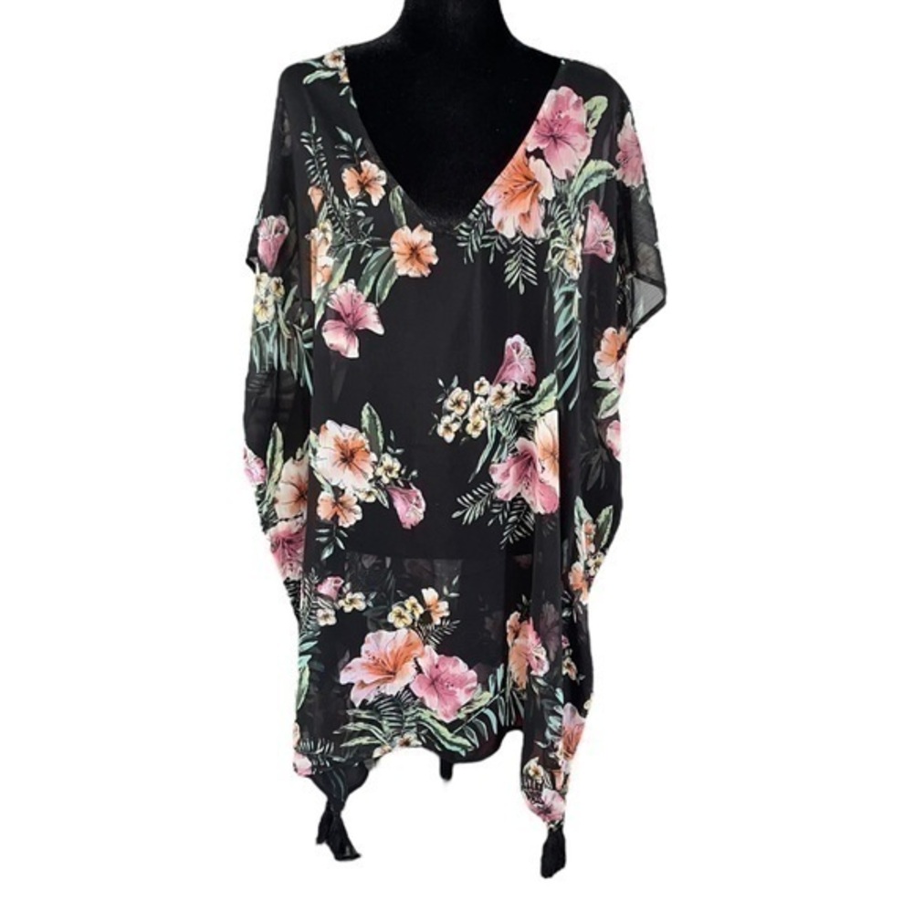 Kona Sol Black Tropical Sheer Swim Cover Up